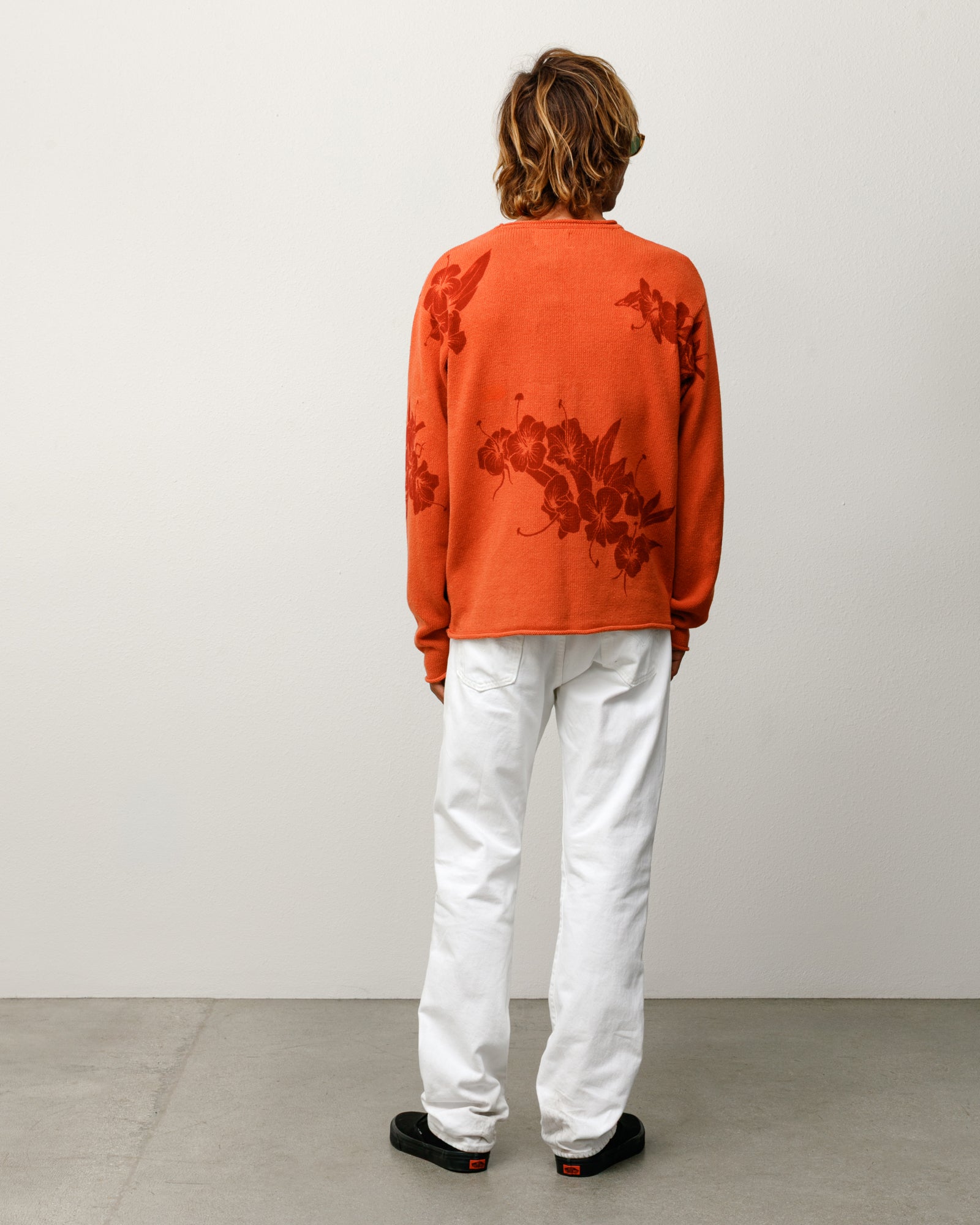 Floral Roll Neck Sweater Unisex Long Sleeve In Rust, Back View With Tonal Floral Print