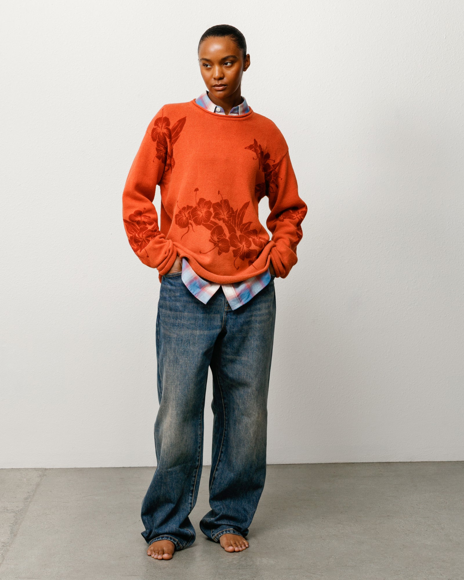 Floral Roll-Neck Jumper Unisex Long Sleeve In Rust
