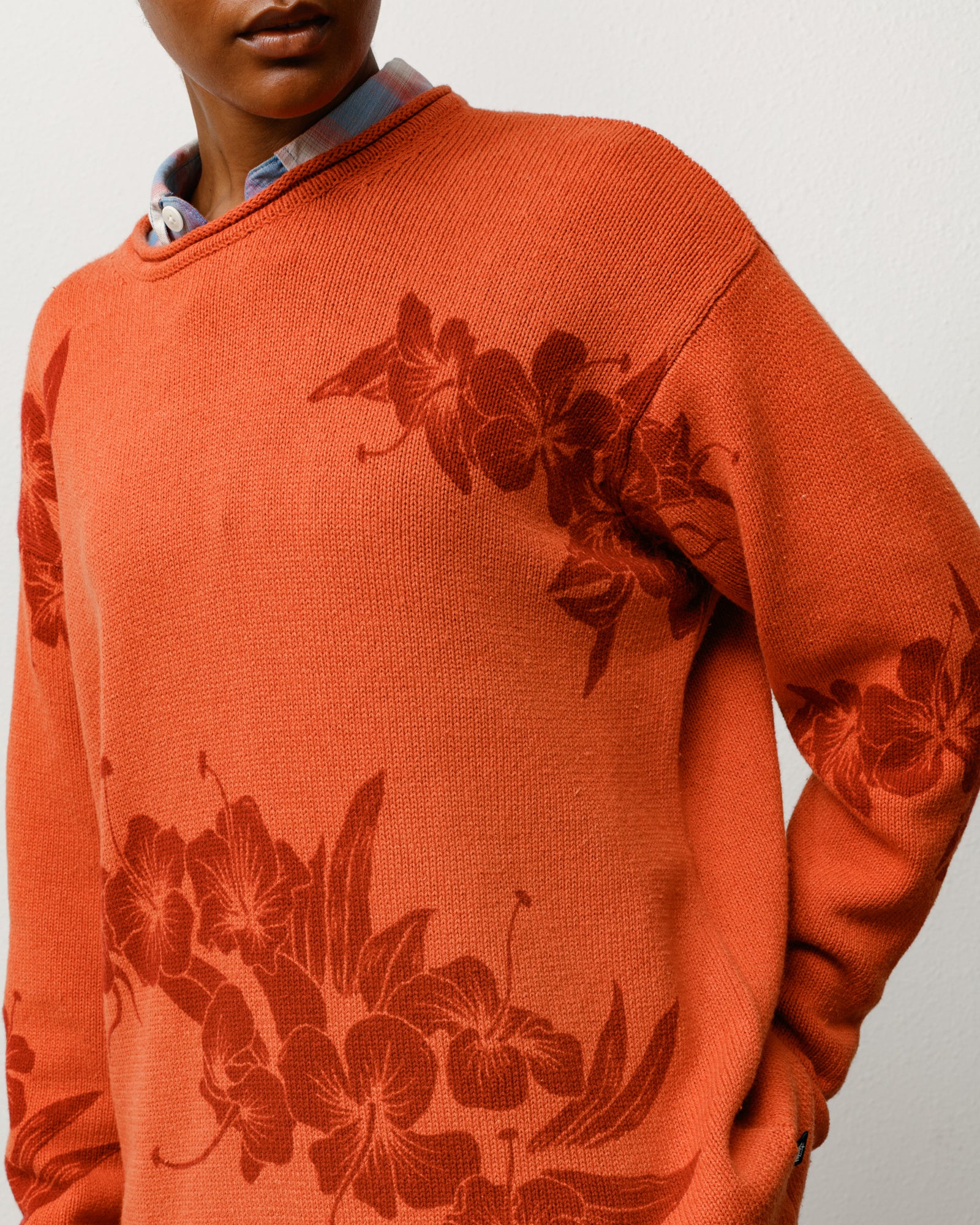 Rust Tonal Floral Knit Sweater With Rolled Crew Neck, On-Model Close-Up