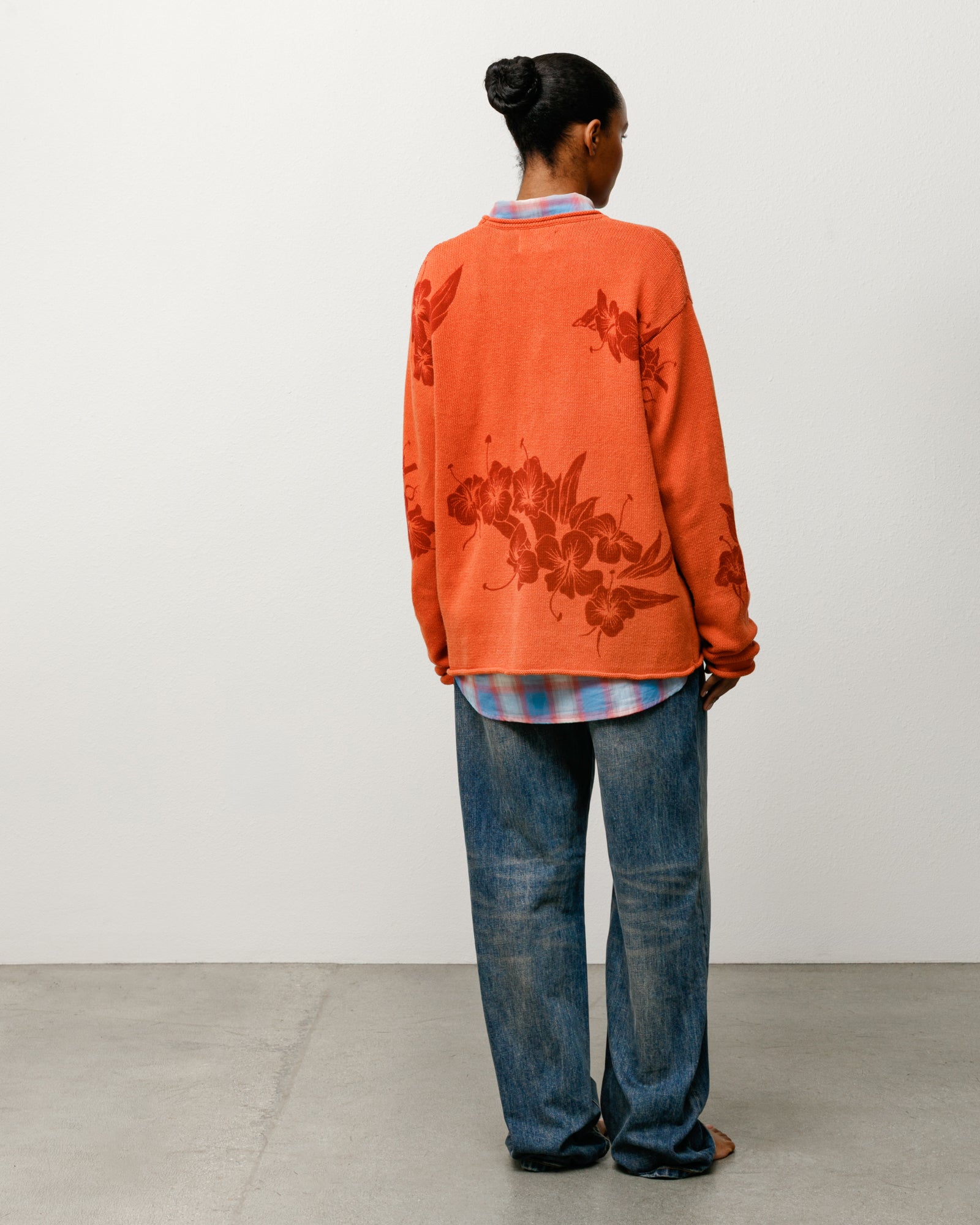 Floral Roll Neck Sweater Unisex Long Sleeve In Rust Back View On Model