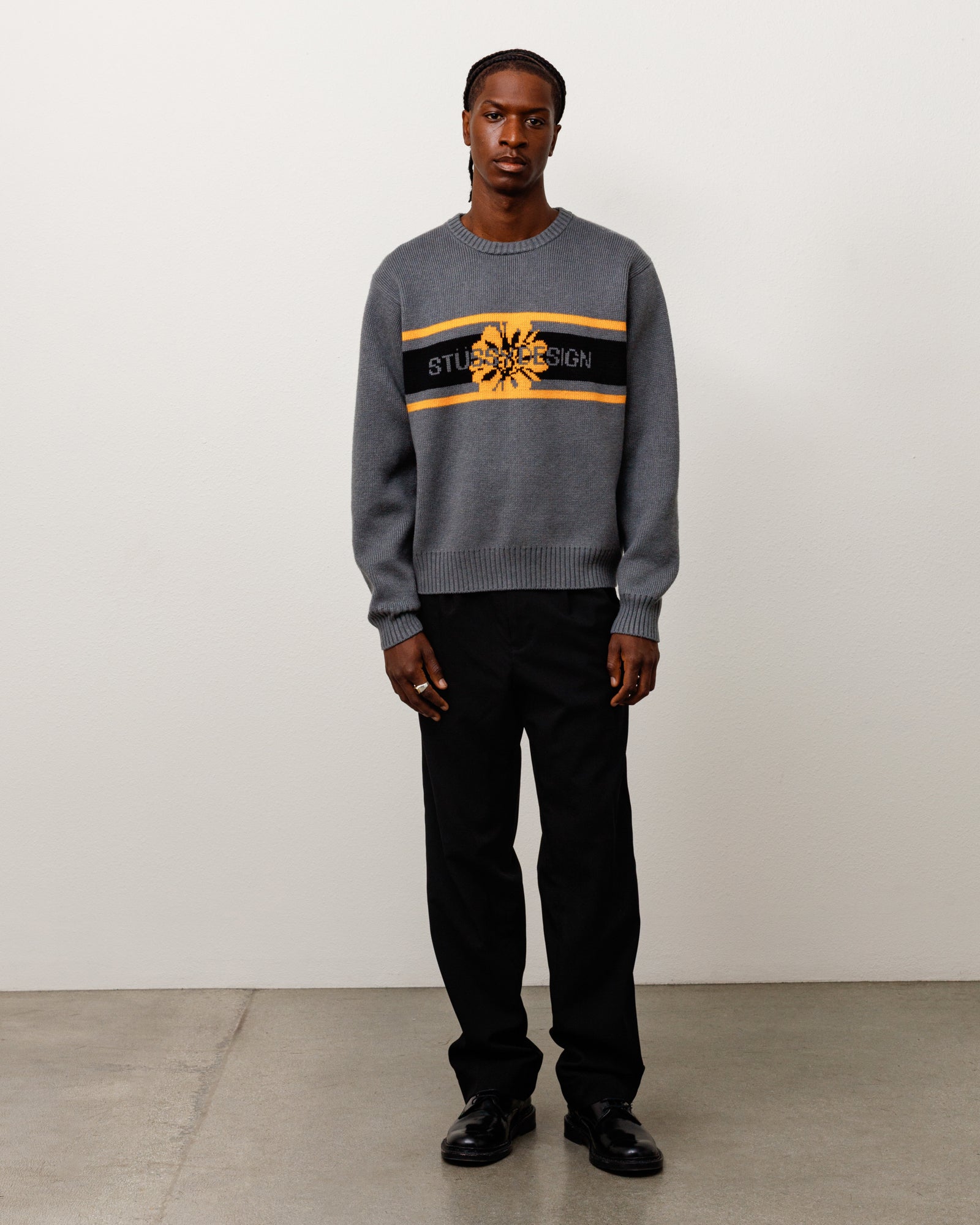 Striped Hibiscus Sweater Unisex Long Sleeve In Grey