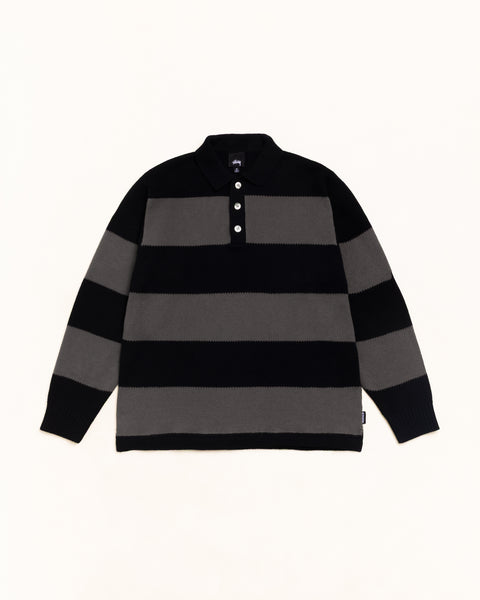 Pique Knit Stripe Rugby Unisex Long Sleeve In Black