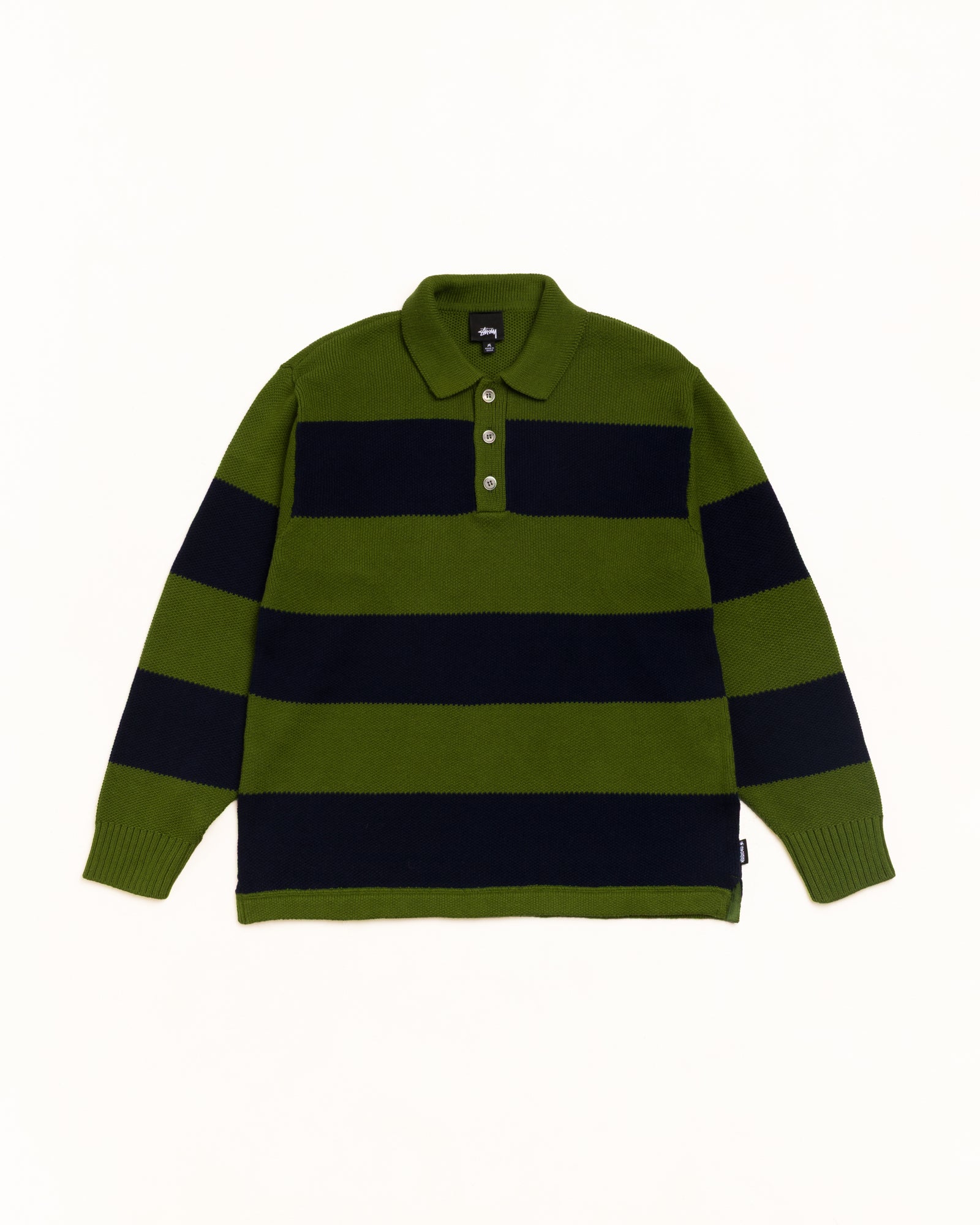 Pique Knit Stripe Rugby Unisex Long Sleeve In Olive