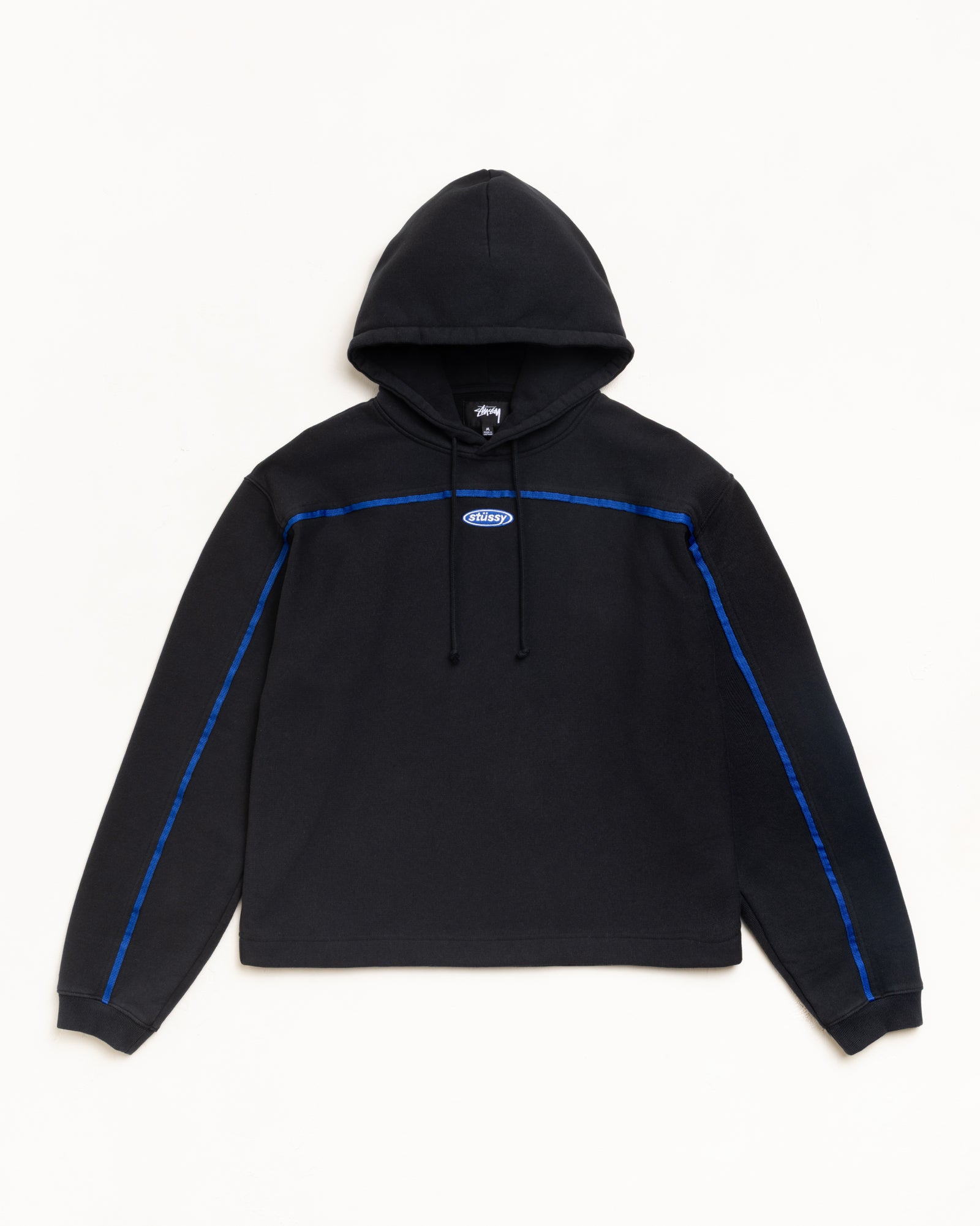 Black Pullover Hoodie With Blue Piping And Oval Chest Logo, Unisex Long Sleeve