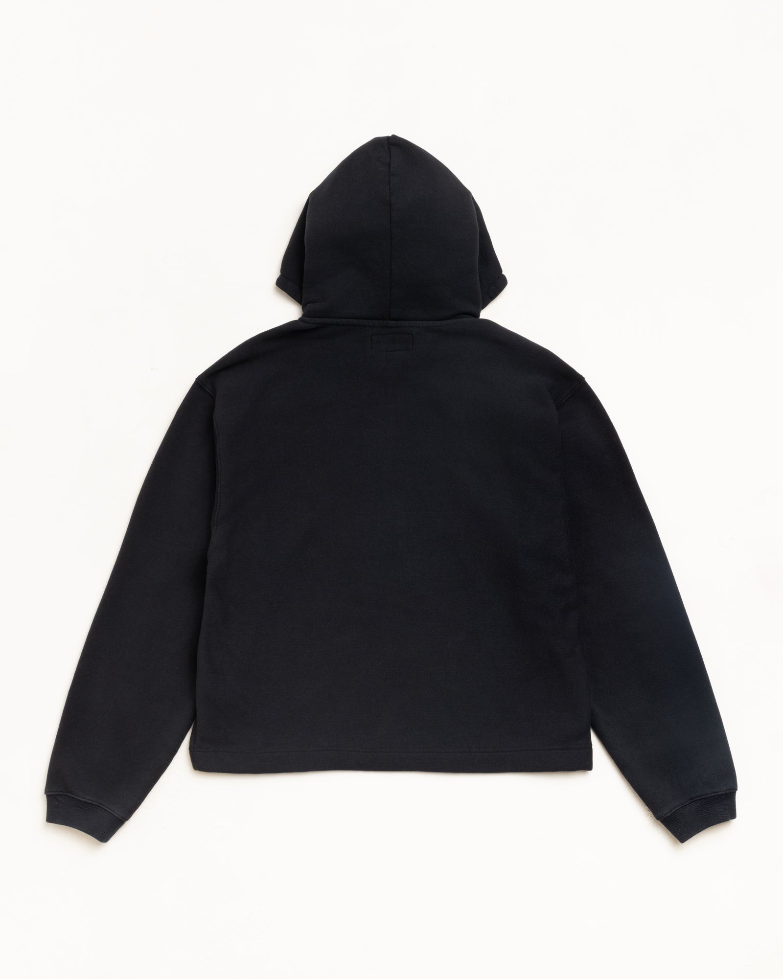 Black Fleece Pullover Hoodie Back View Unisex With Ribbed Cuffs And Attached Hood