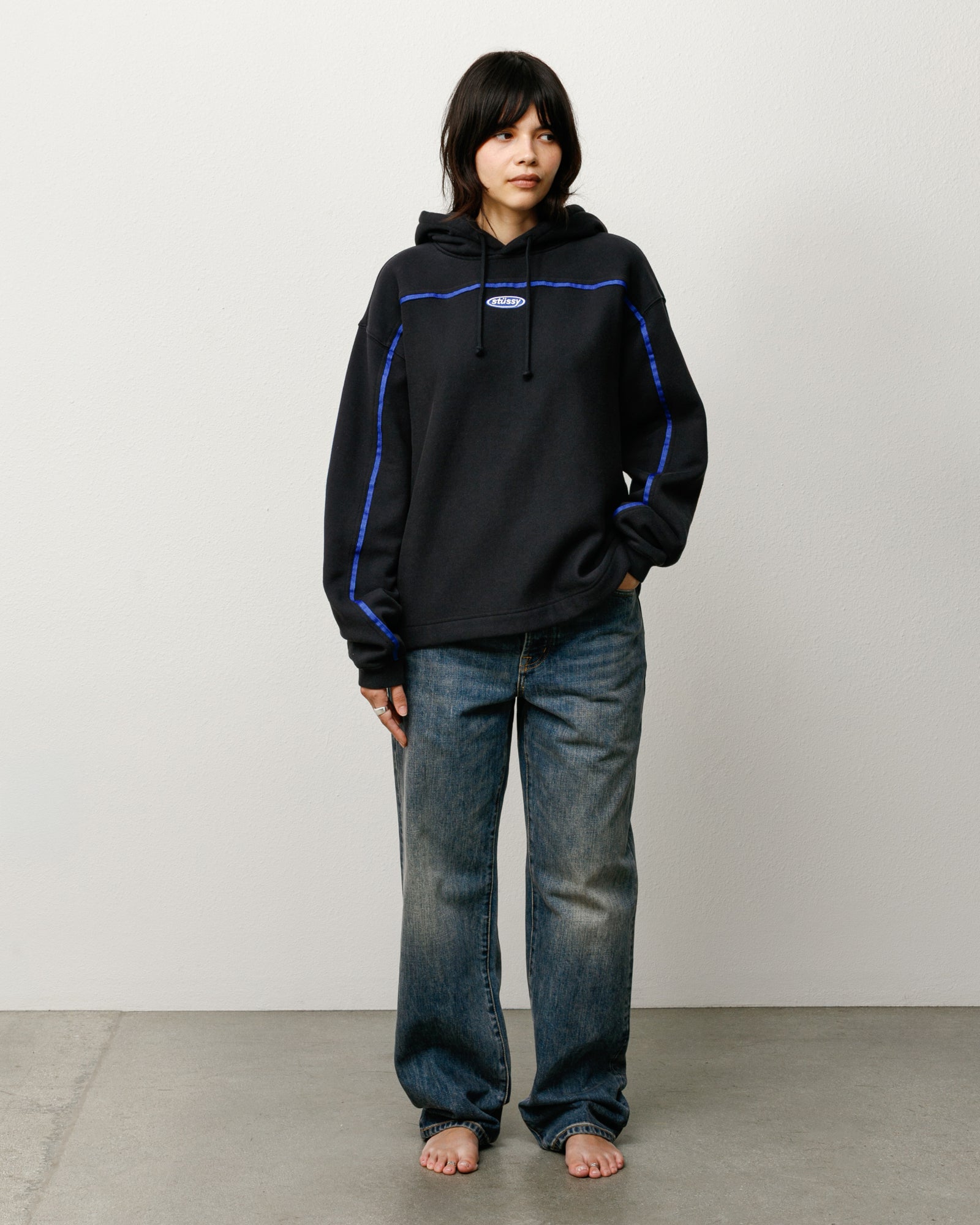 Oval Pullover Hood Unisex Long Sleeve In Black With Blue Seam Detail