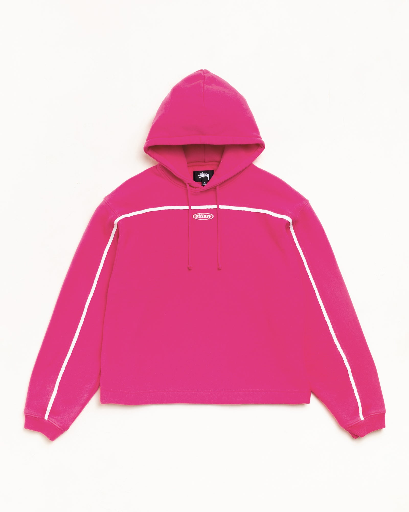 Pink Pullover Hoodie With White Piping Unisex Long Sleeve