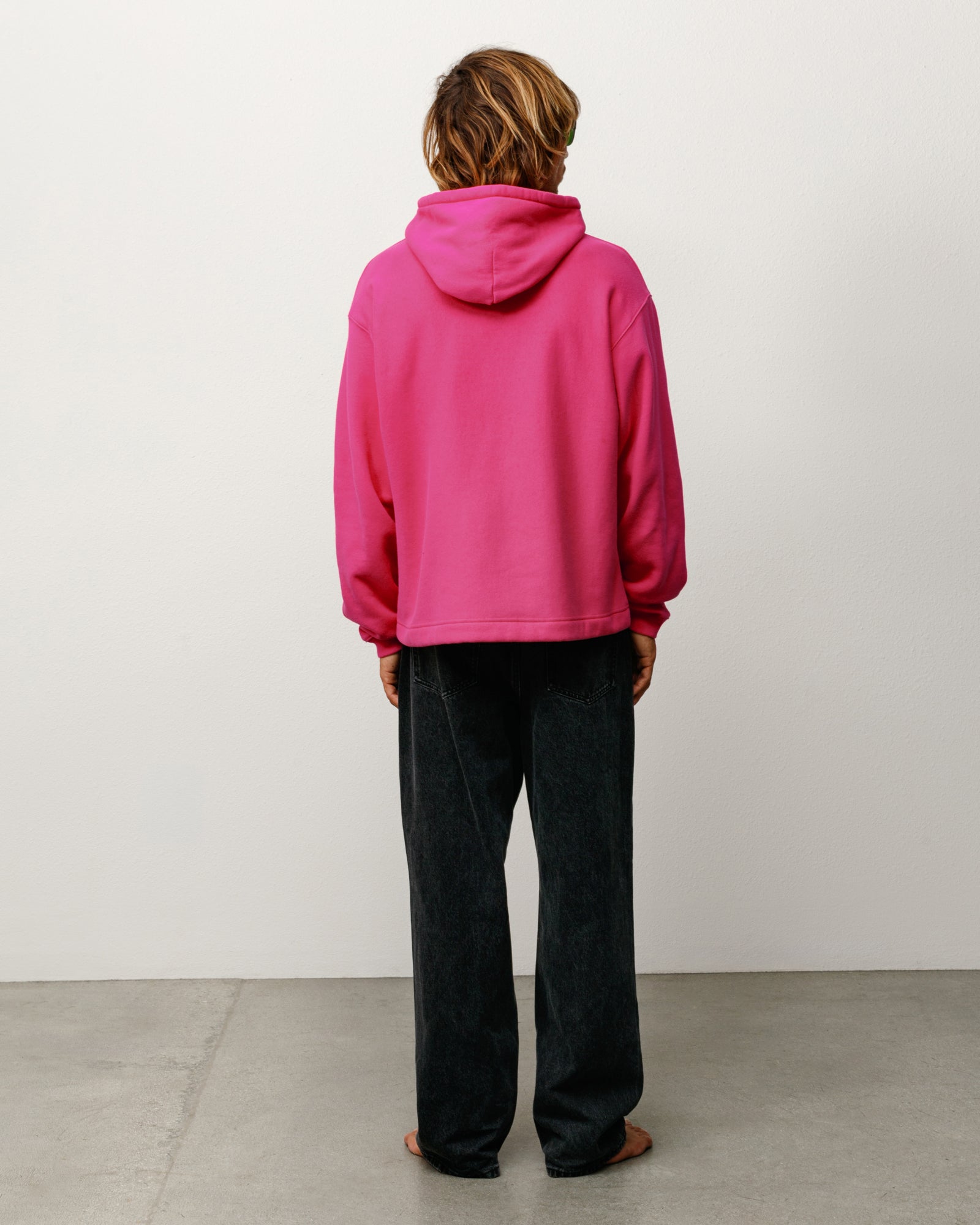 Oval Pullover Hoodie Unisex Long Sleeve In Pink Back View Relaxed Fit