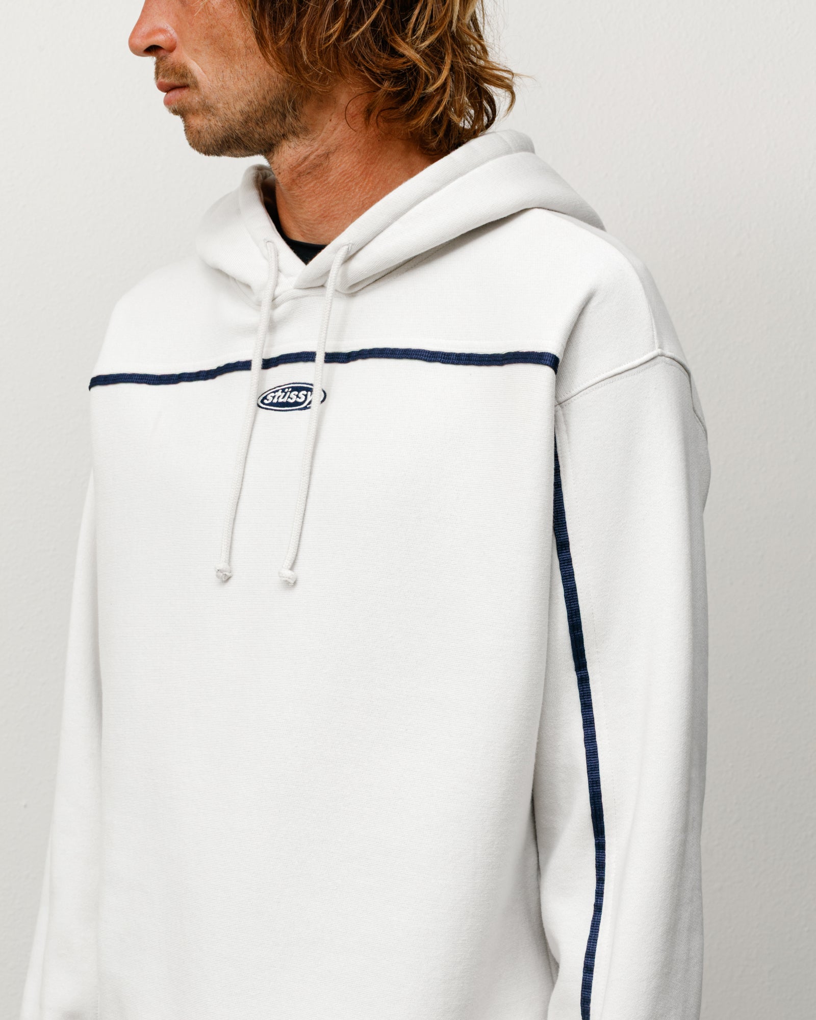Unisex Pullover Hoodie Long Sleeve In Stone With Drawcord Hood And Navy Piping