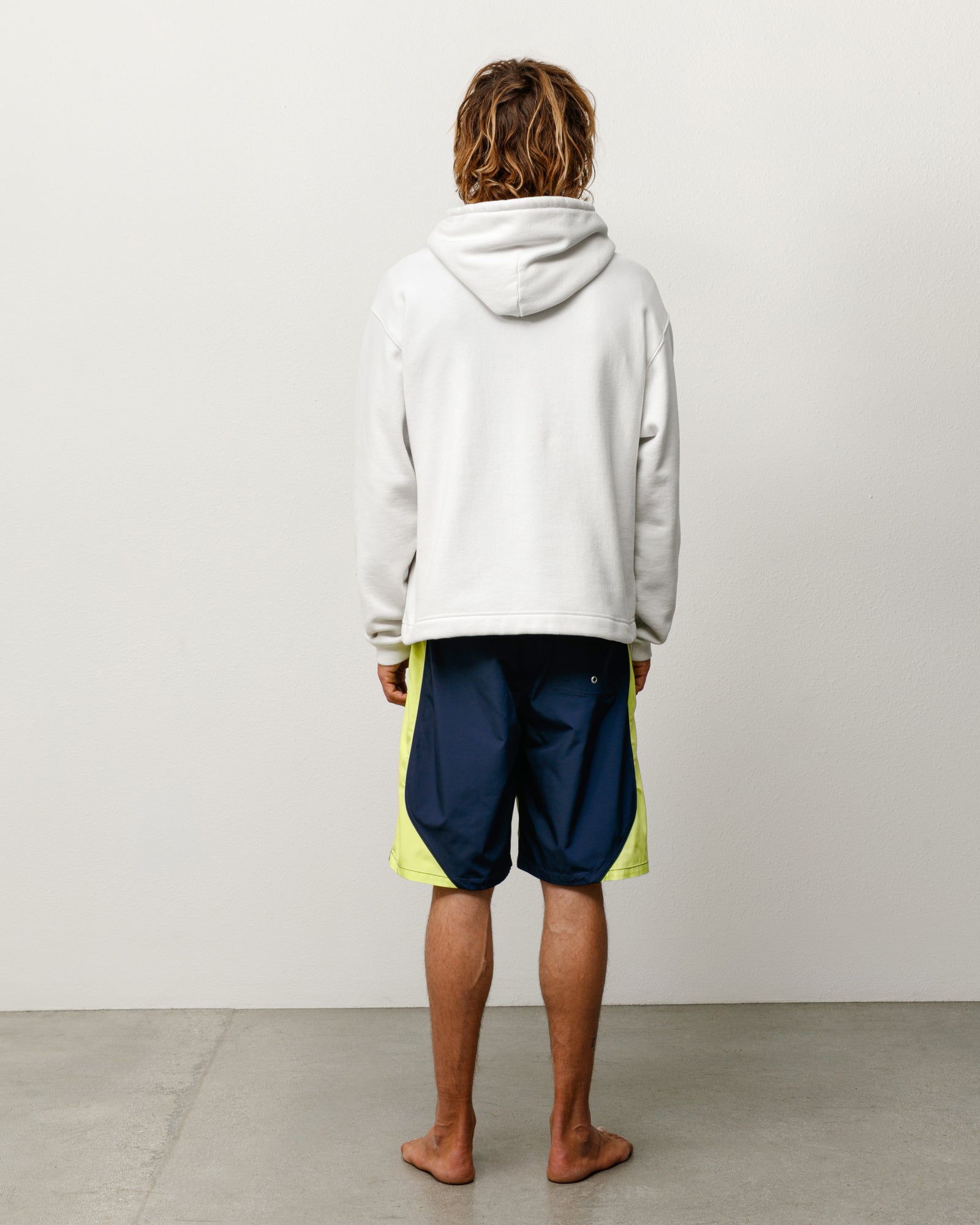 Oval Pullover Hood Unisex Long Sleeve In Stone, Back View On Model
