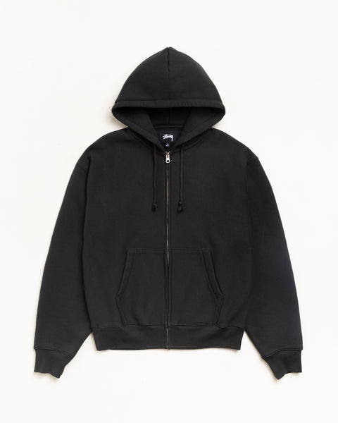 Black zip-through fleece hoodie with drawcord hood and kangaroo pocket, unisex