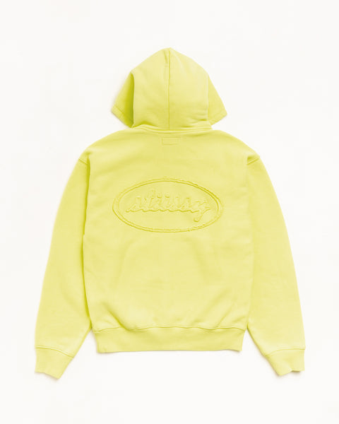 Lime zip hoodie with cursive logo applique at back, unisex long sleeve fleece