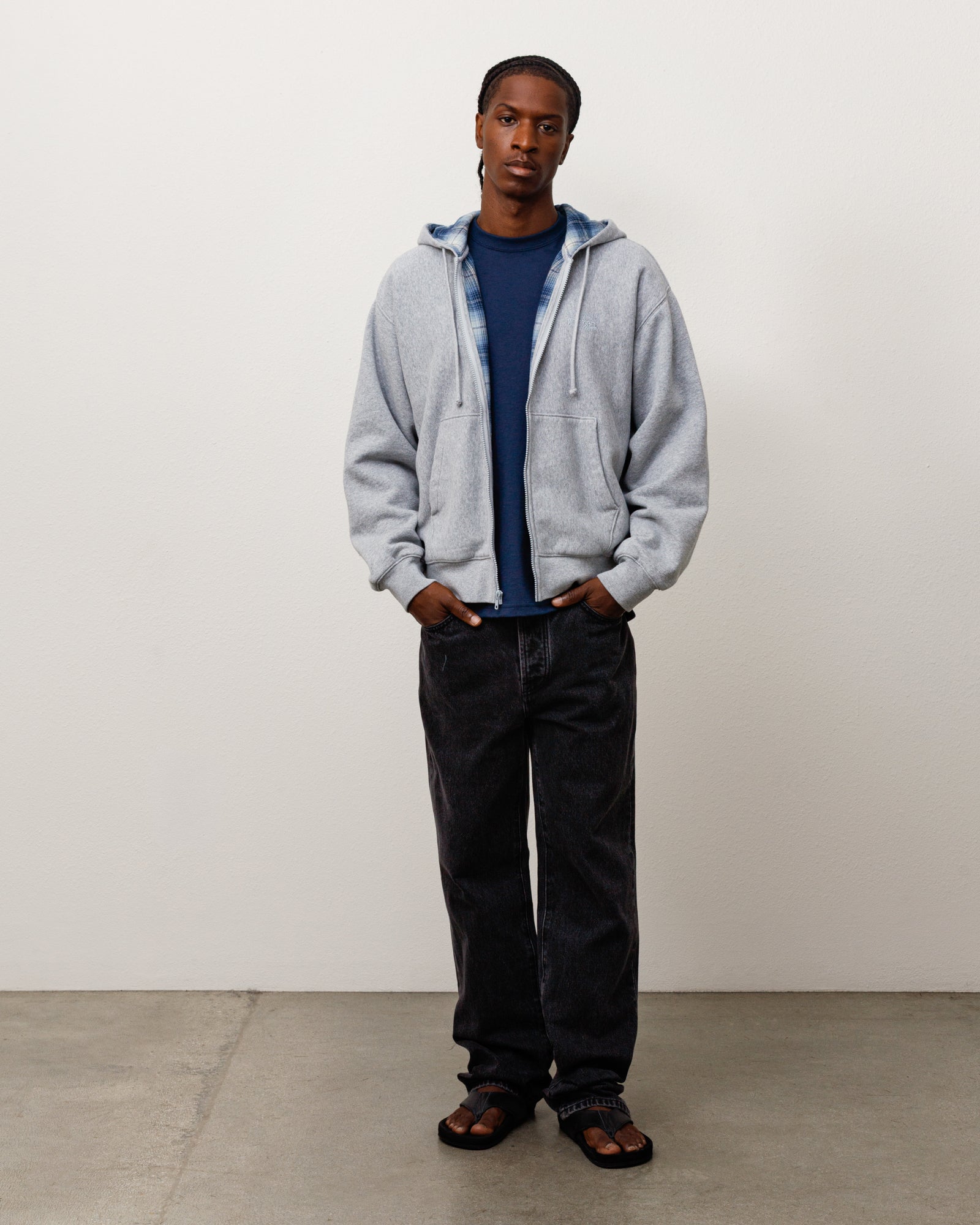 Plaid Lined Zip Hood Unisex Long Sleeve In Grey Heather