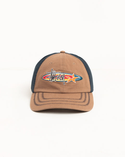 Low-profile six-panel brown cotton twill cap with oval logo and star embroidery, pre-curved brim
