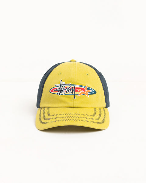 Two-tone lime six-panel cap with oval logo and star embroidery, zig-zag stitched curved brim