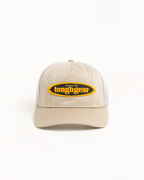 Khaki trucker cap with mesh back and raised Tough Gear patch logo