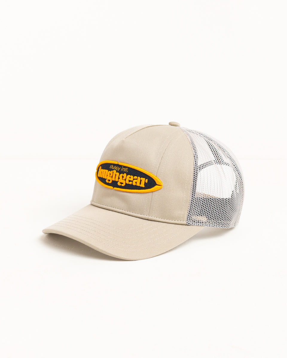 Khaki Trucker Cap With Mesh Back And Yellow Raised Tough Gear Patch, Precurved Brim