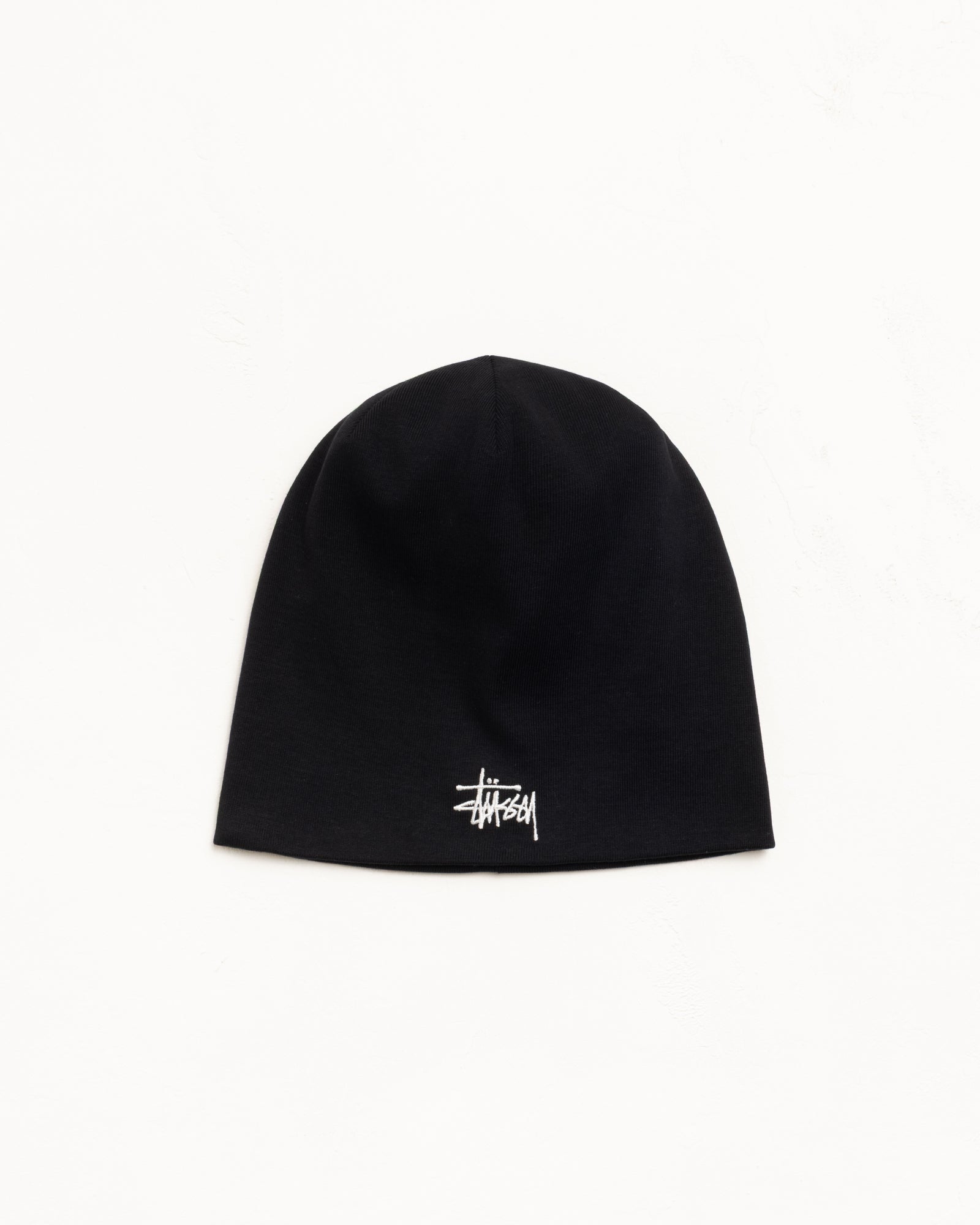 Black jersey skullcap beanie with embroidered logo, unisex fit