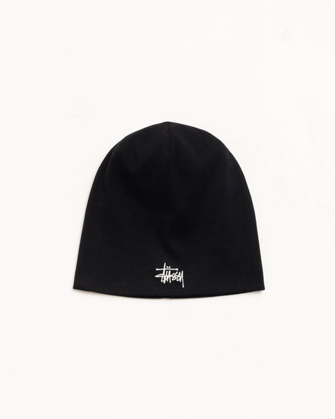 Black jersey skullcap beanie with embroidered logo, unisex fit