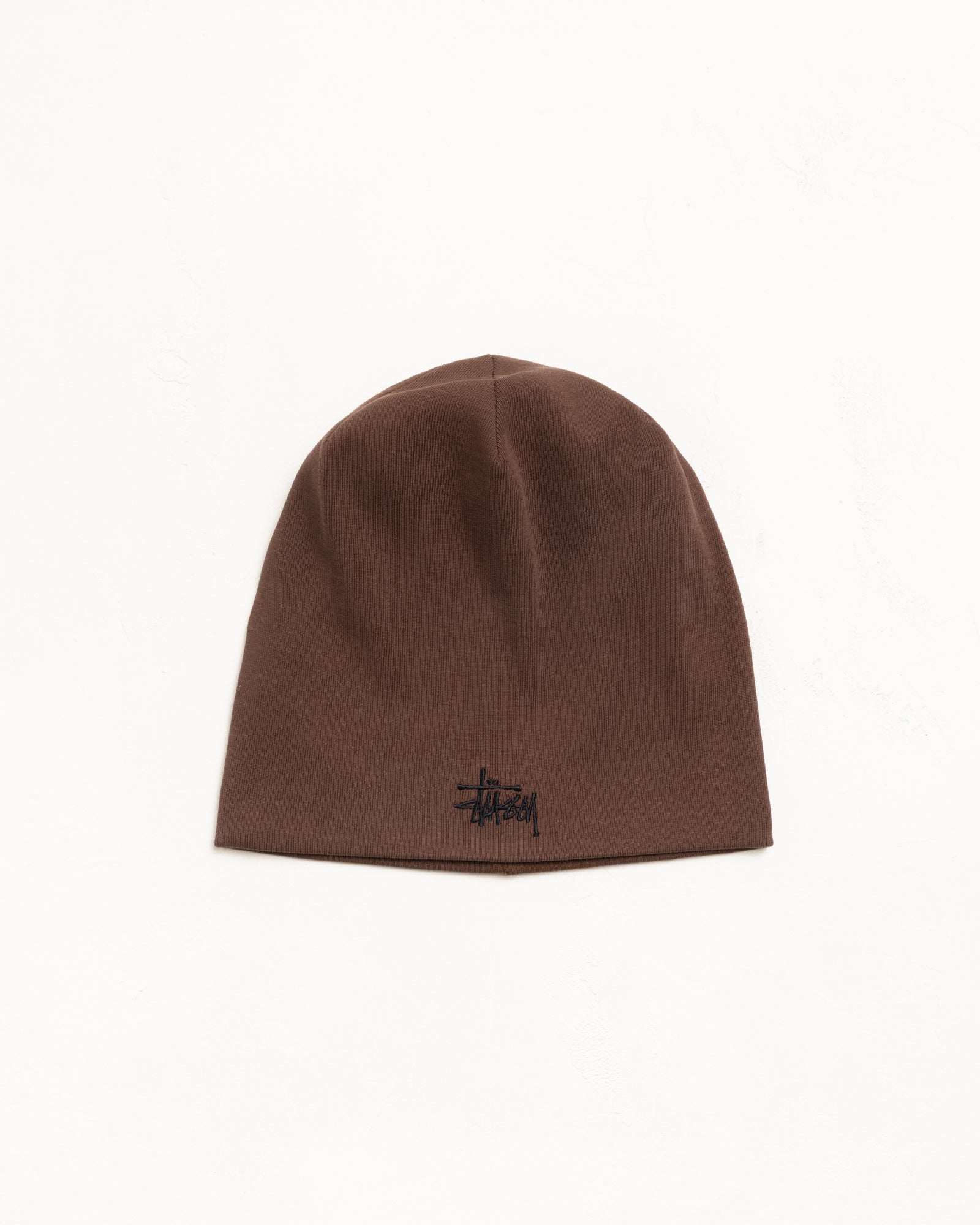Brown cotton jersey skullcap beanie with black embroidered logo at hem