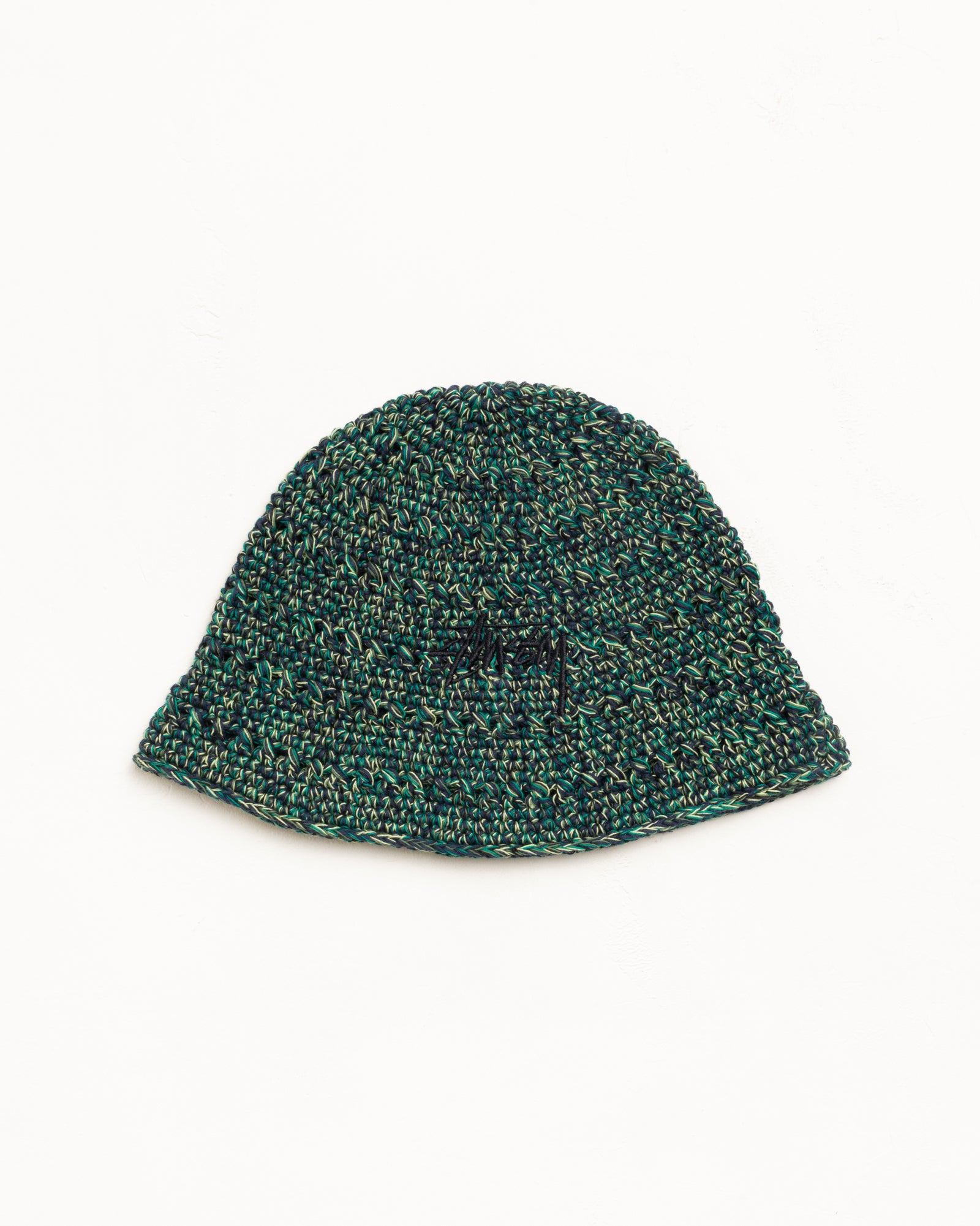 Knit bucket hat in multi green marled yarn with subtle embroidered logo