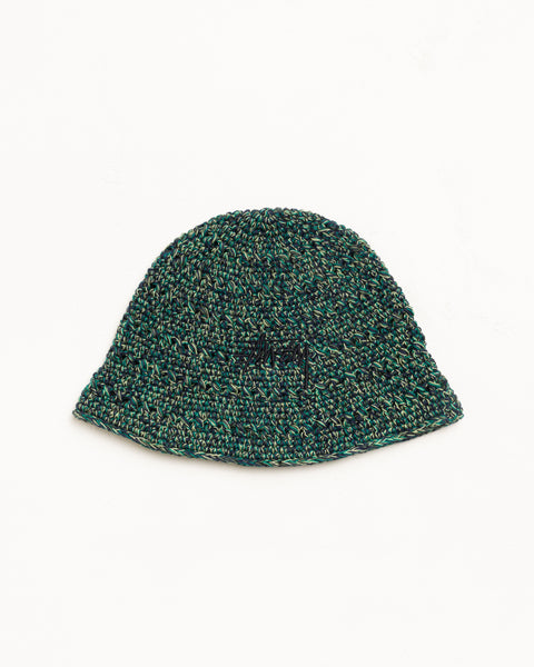 Knit bucket hat in multi green marled yarn with subtle embroidered logo