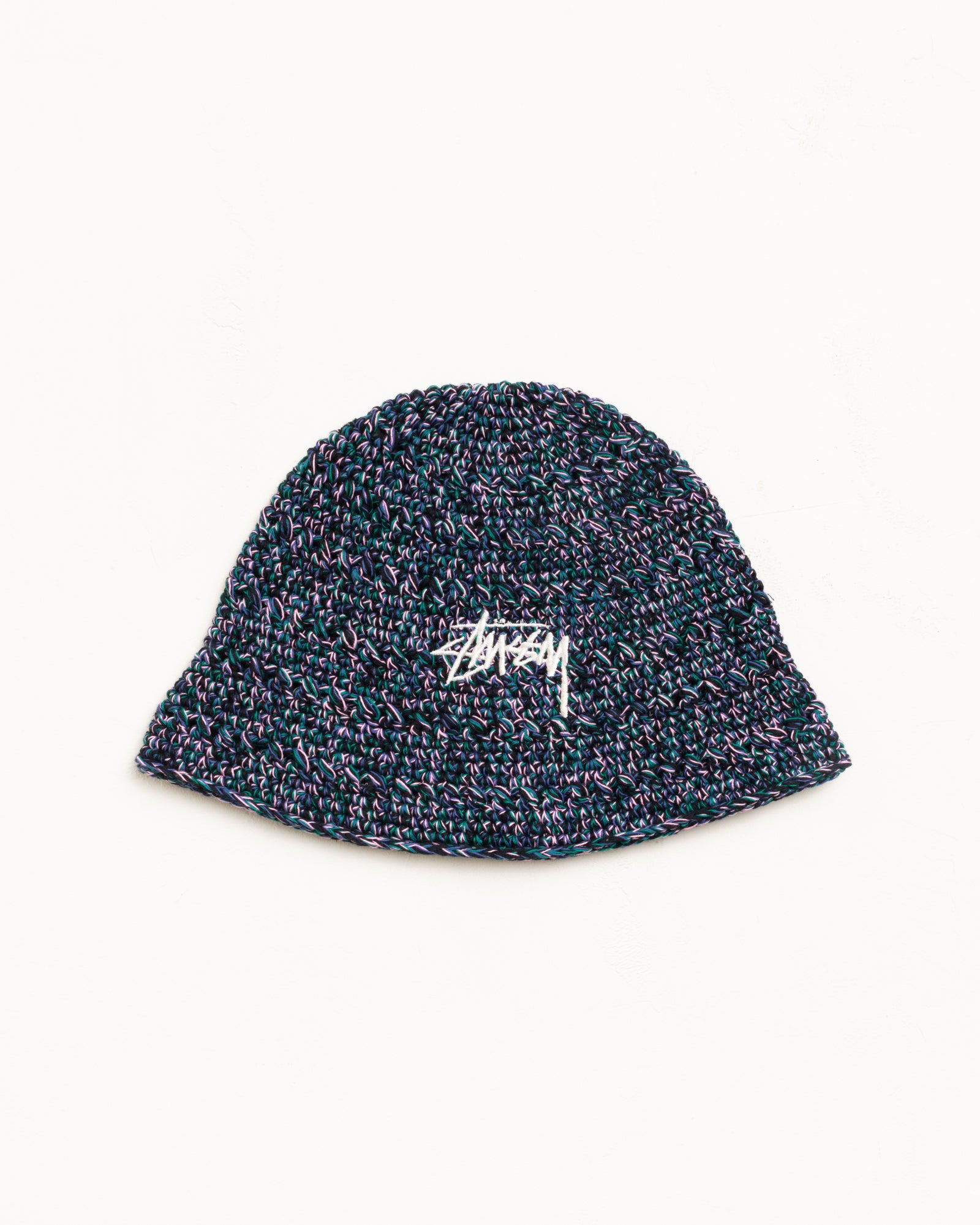 Knit Bucket Hat Unisex In Multi Navy Hemp Blend With White Logo Embroidery