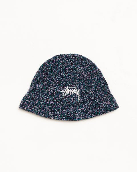 Knit Bucket Hat Unisex In Multi Navy Hemp Blend With White Logo Embroidery