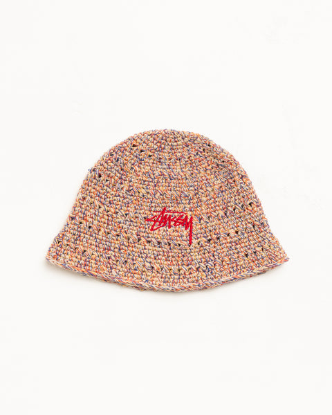 Multicolour knit bucket hat in tan mix with red embroidered logo at front