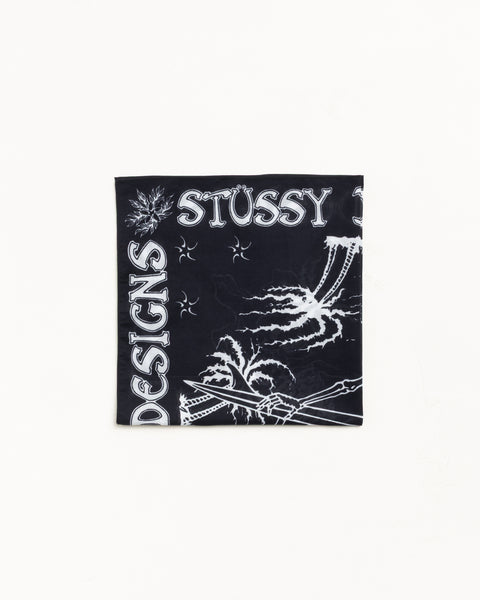 Black bandana with white graphic artwork and Stüssy logo