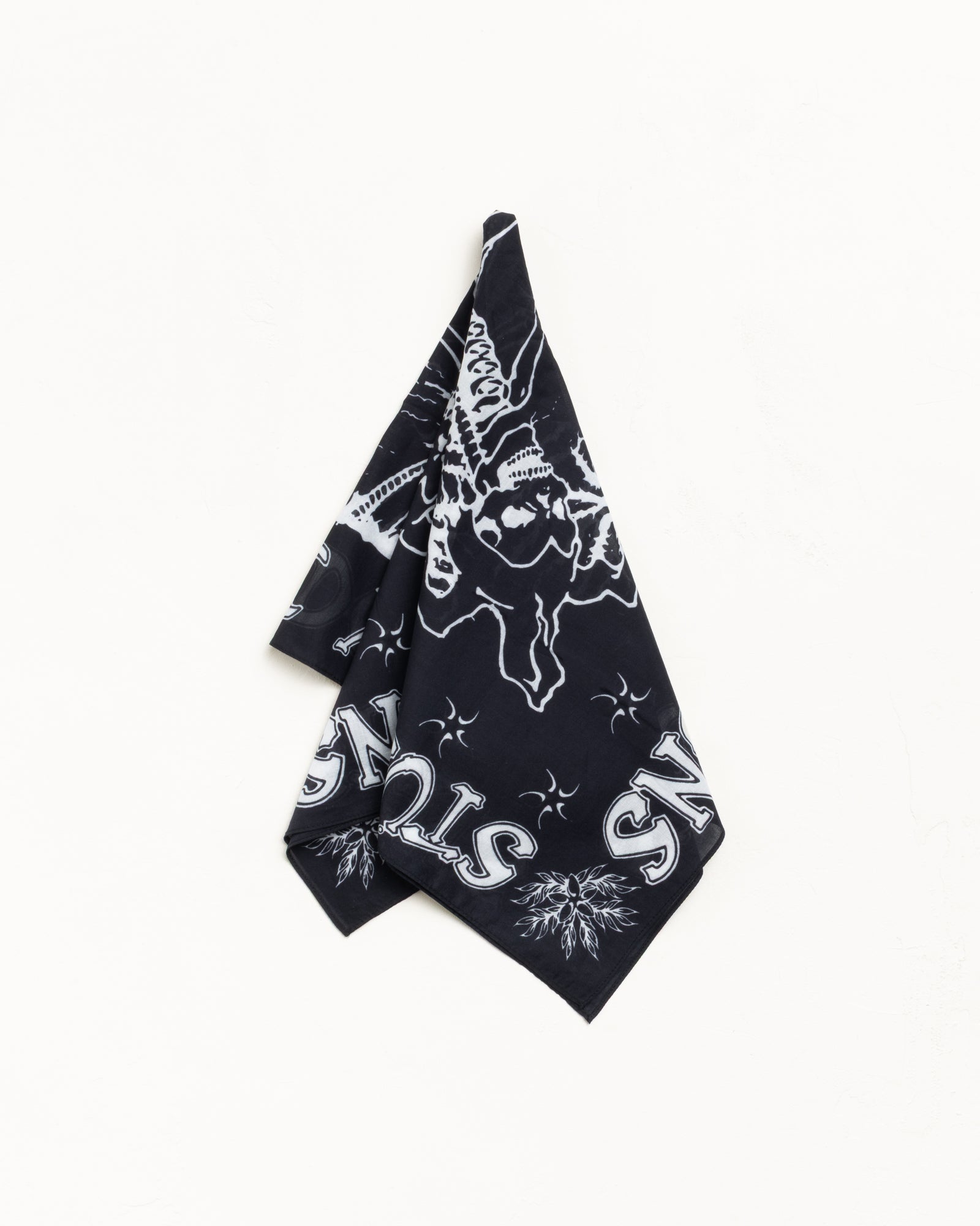 Surf Joker Bandana Unisex In Black Cotton With White Graphic Print, Folded On A White Background.