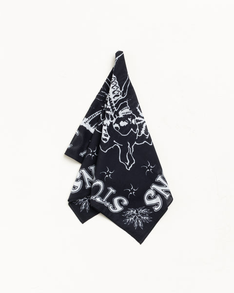 Surf Joker Bandana Unisex In Black Cotton With White Graphic Print, Folded On A White Background.