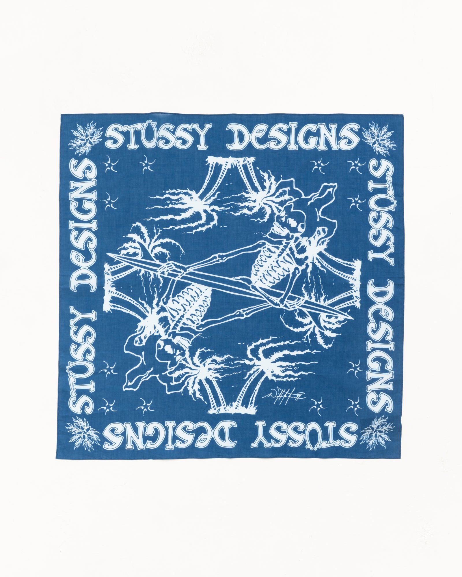 Blue cotton bandana with white graphic print and contrast border, unisex