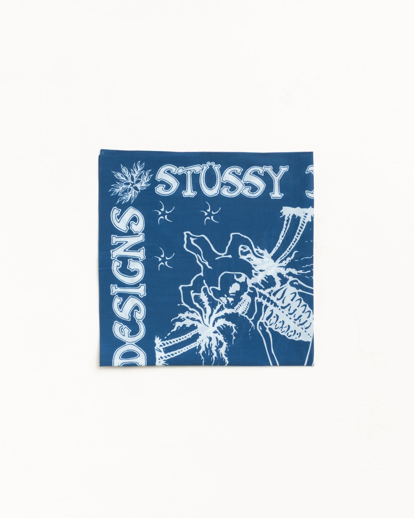Blue cotton bandana with white graphic print and bold text, square, on a clean studio background