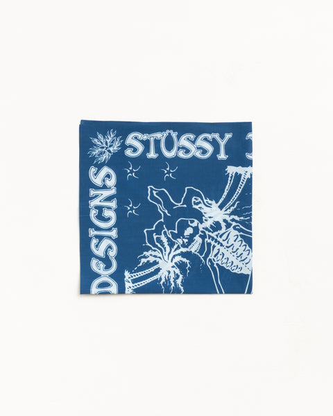 Blue cotton bandana with white graphic print and bold text, square, on a clean studio background