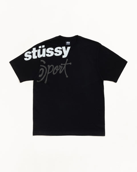 Black short-sleeve tee with oversized Stüssy Sport logo across chest, unisex fit