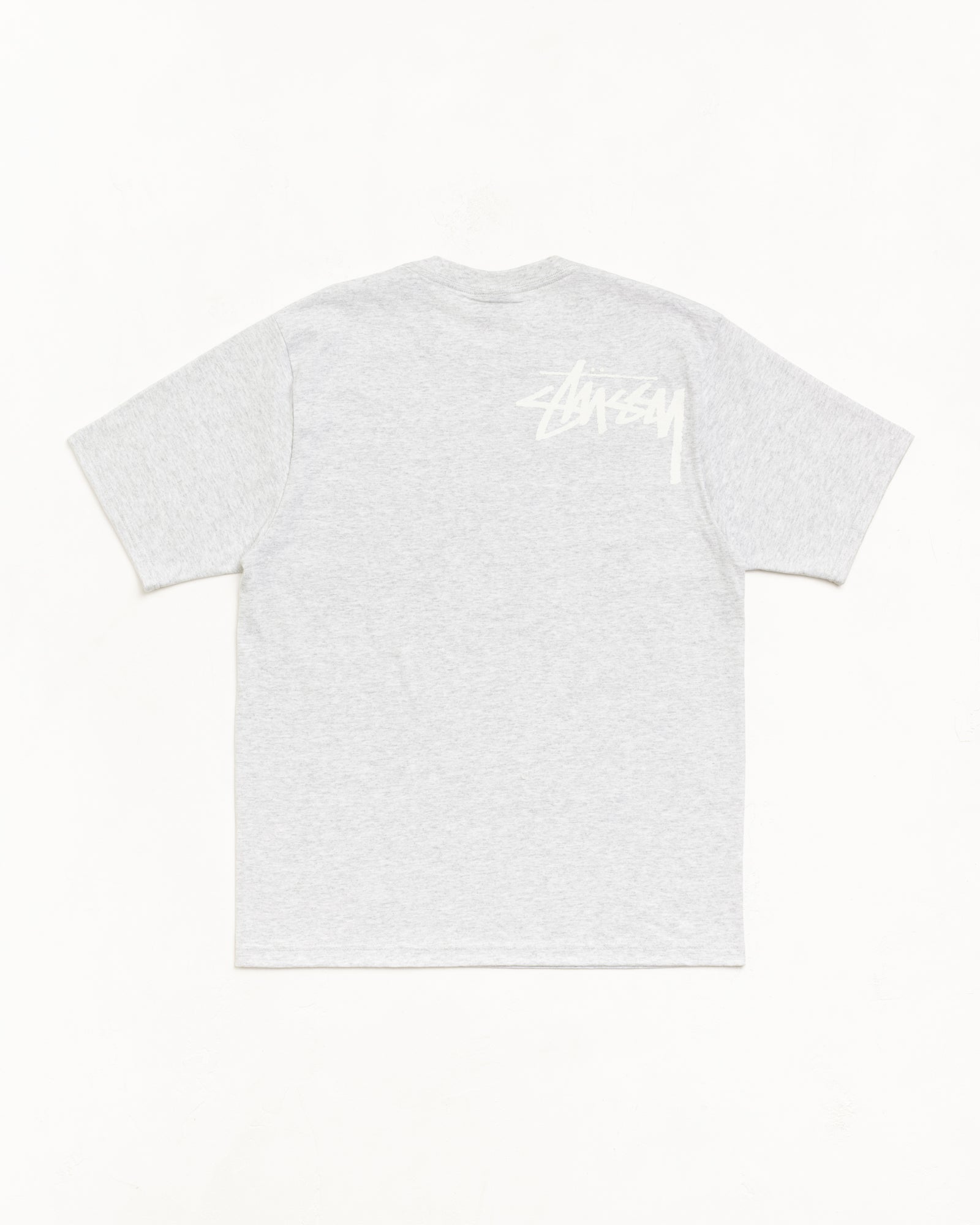 Ash heather unisex cotton short-sleeve tee, ribbed crewneck, small back logo print