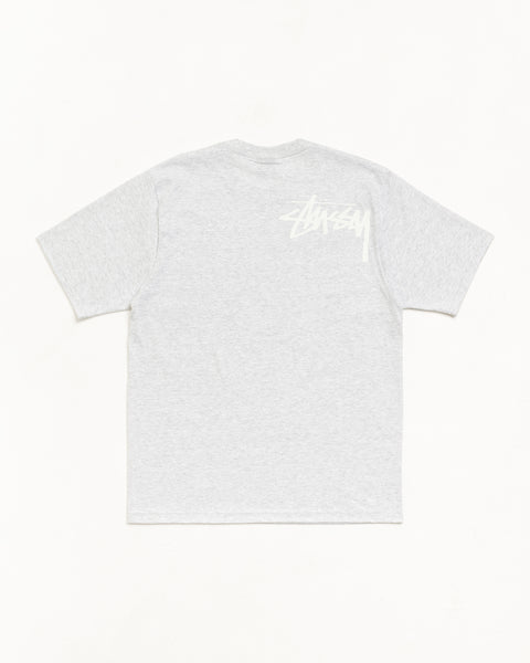 Ash heather unisex cotton short-sleeve tee, ribbed crewneck, small back logo print