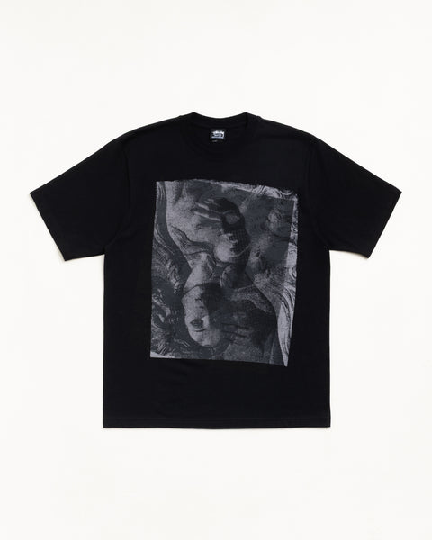 Black unisex short-sleeve tee with large tonal graphic print on front