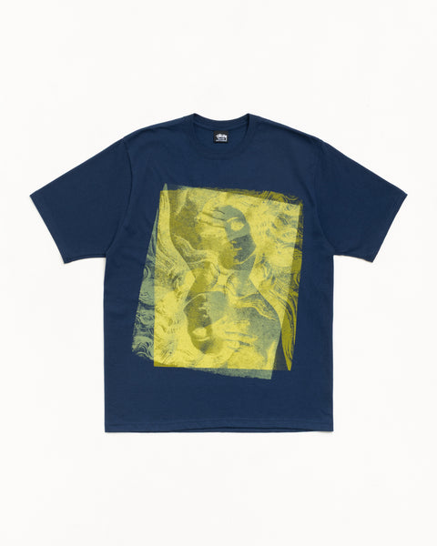 Double Venus Tee Unisex Short Sleeve In Navy with large yellow graphic print