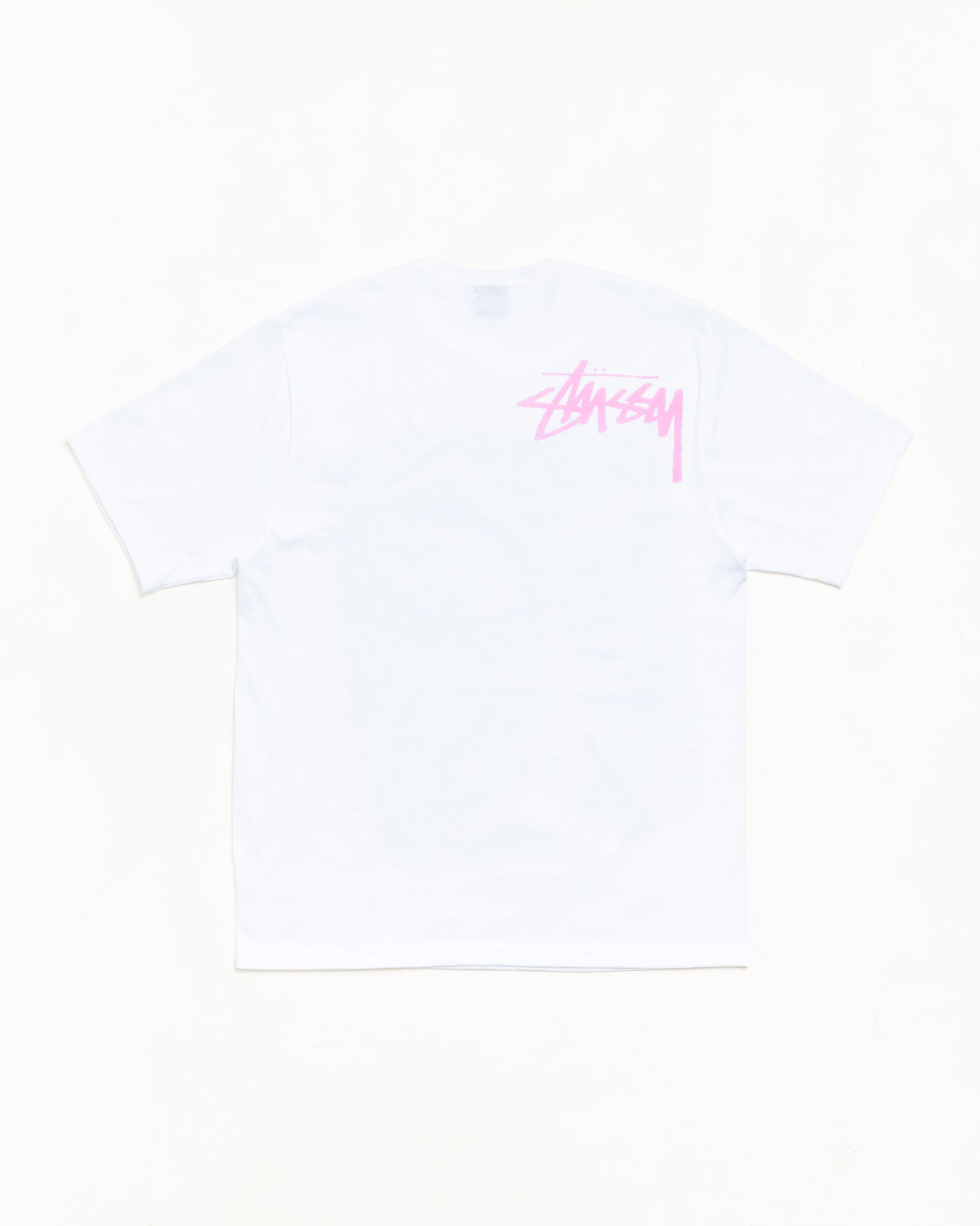 White cotton short-sleeve tee features pink script logo on back