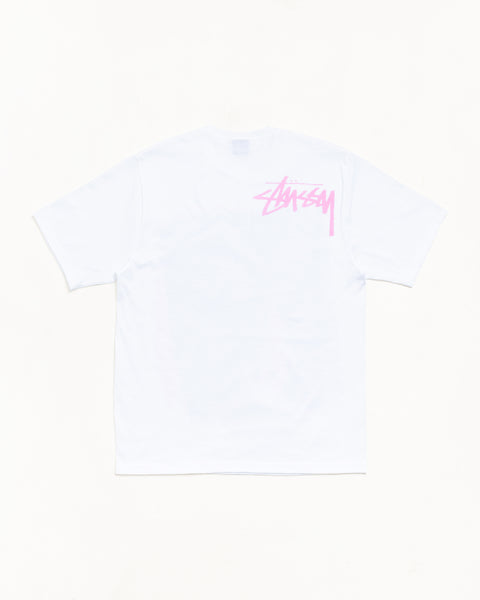 White cotton short-sleeve tee features pink script logo on back