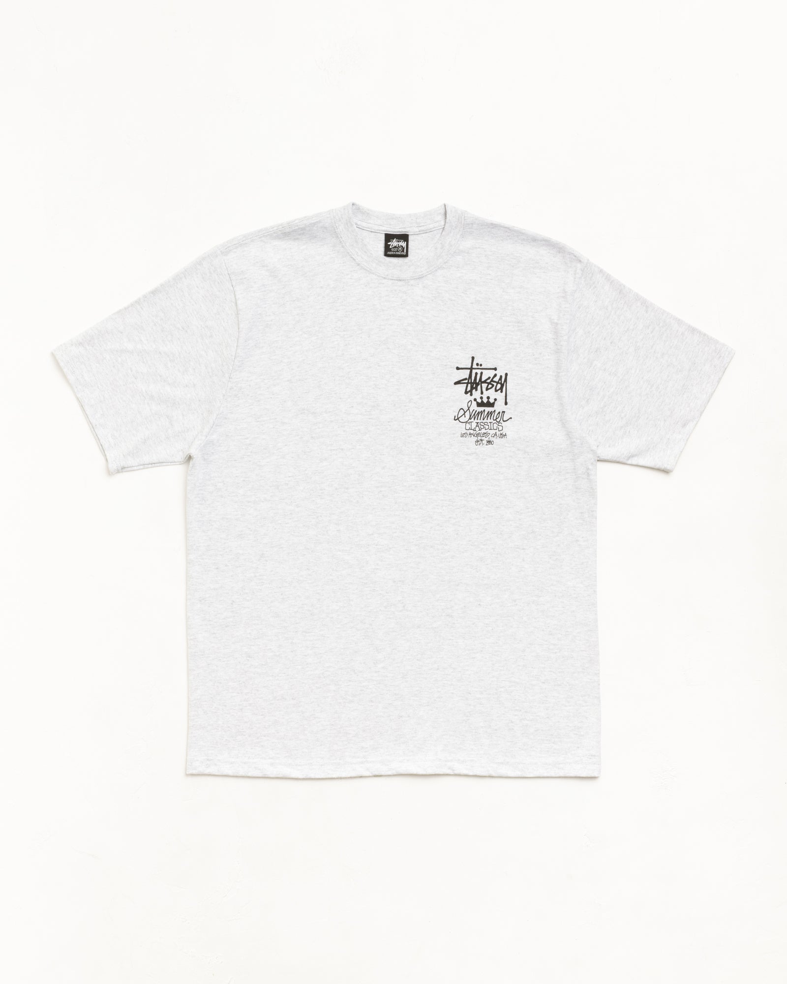 Unisex short sleeve tee in ash heather grey with black chest logo print