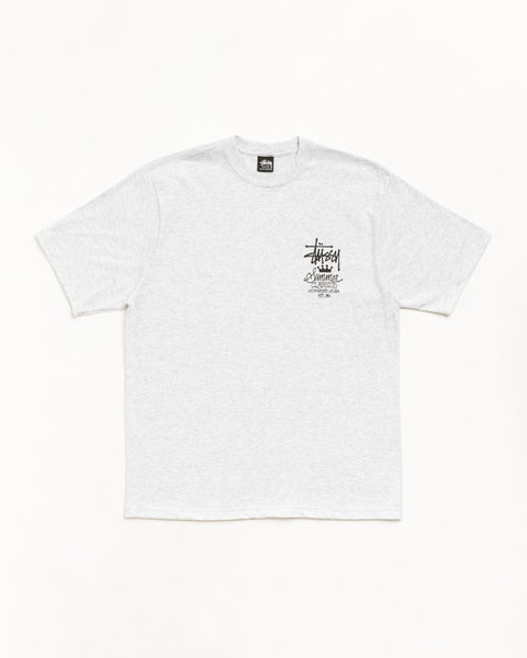 Unisex short sleeve tee in ash heather grey with black chest logo print