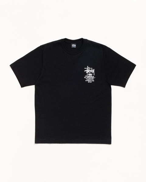 Black cotton short-sleeve unisex tee with small white chest logo print