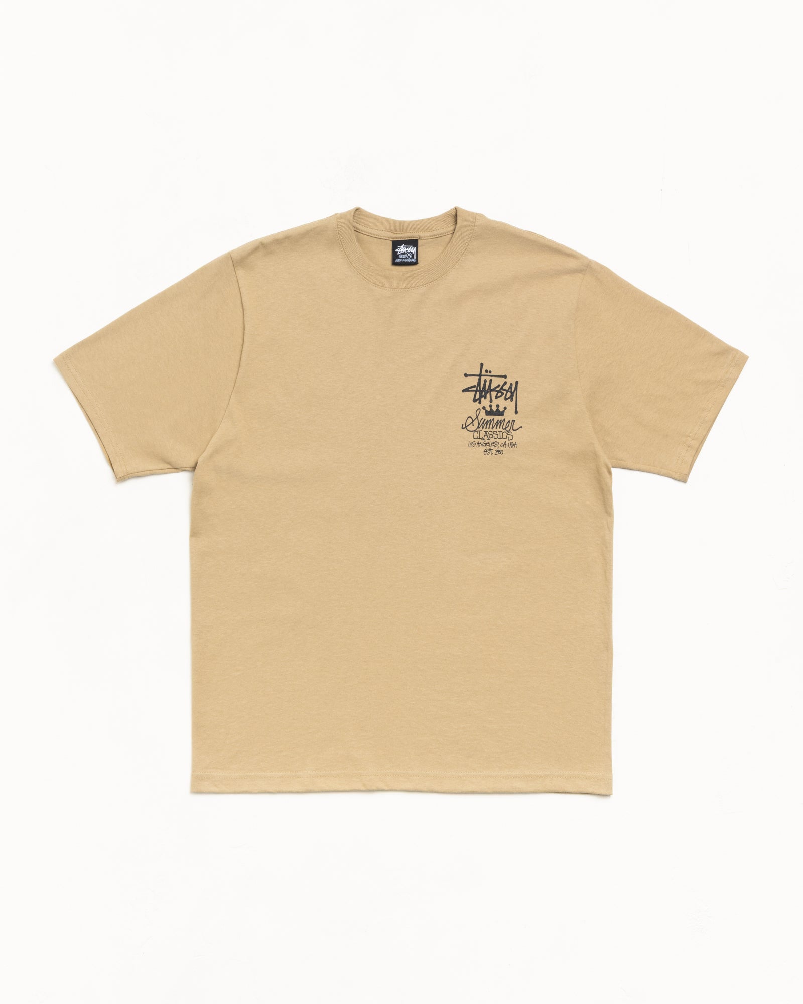 Khaki unisex short sleeve cotton tee with small black chest print and ribbed crewneck