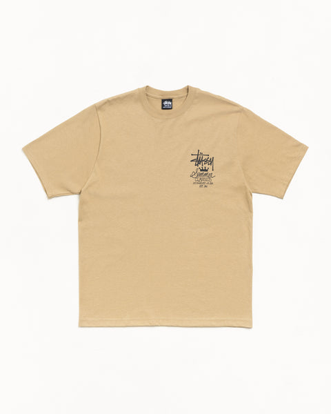 Khaki unisex short sleeve cotton tee with small black chest print and ribbed crewneck