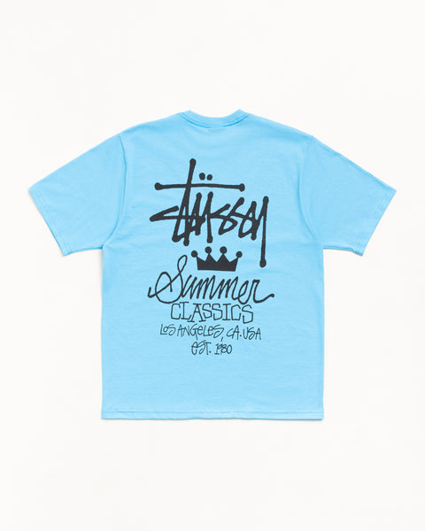 Sky blue unisex short sleeve cotton tee with oversized black back logo graphic