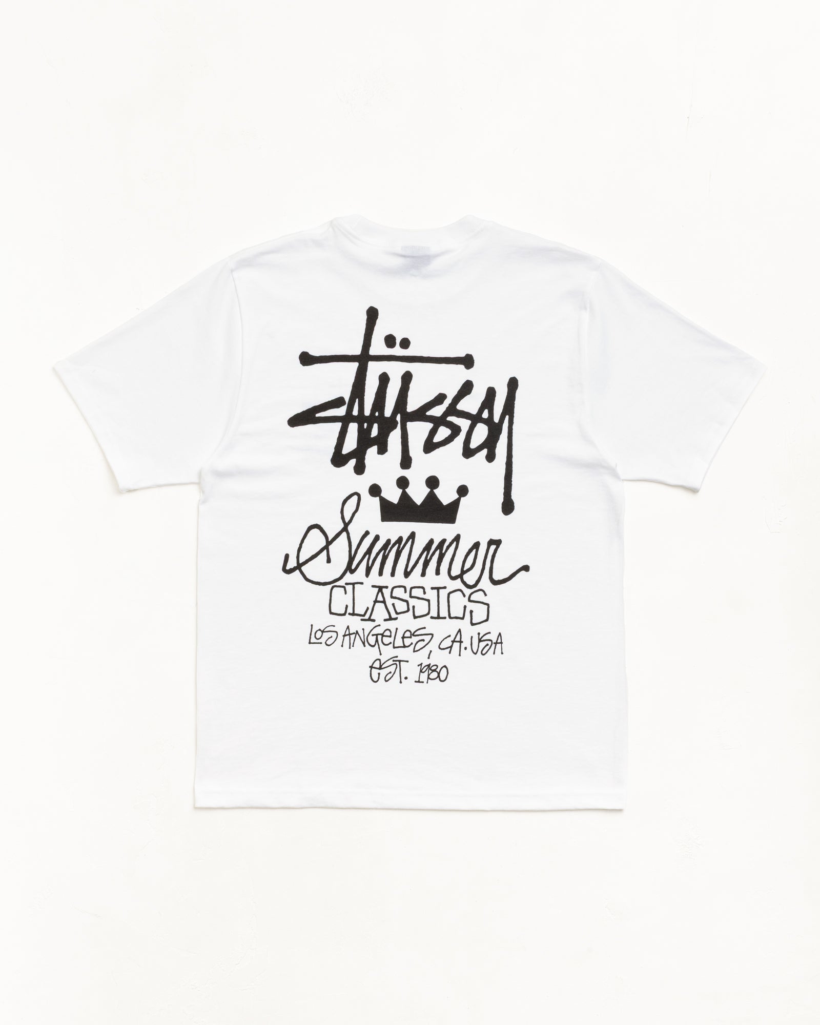 White unisex short sleeve tee with large black back graphic and crown motif