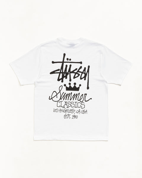 White unisex short sleeve tee with large black back graphic and crown motif